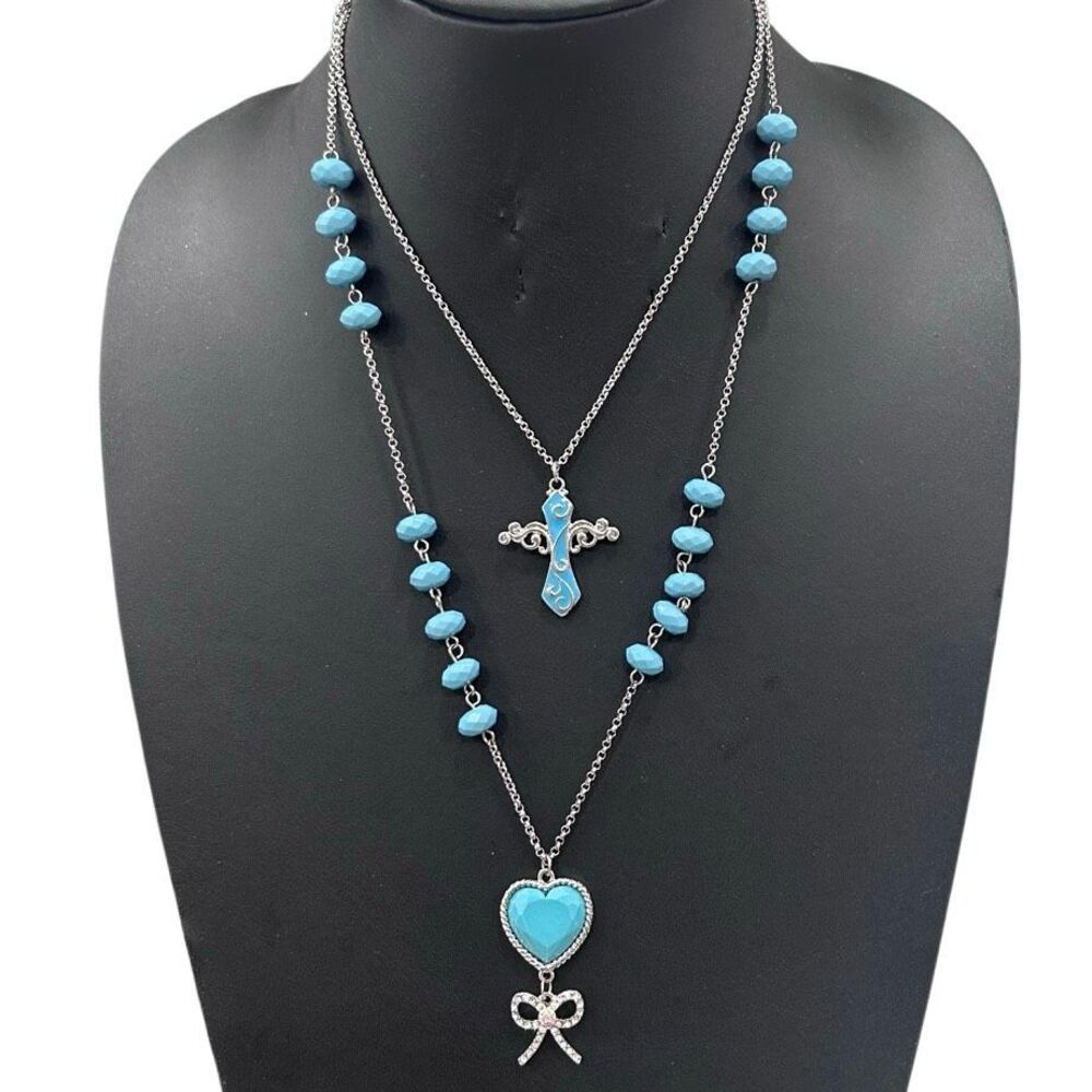 Vintage Tutti Fruitti Layered Necklace 16" Turquoise Silver-tone Double-Strand